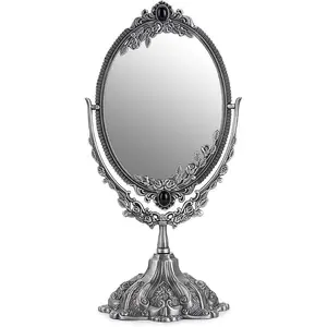 Metal Tabletop Antique Decorative Makeup Mirror with Stand, Vintage Swivel Double Sided Cosmetic Mirror with Frame, Retro Desktop Oval Dressing Mirror for Bathroom Bedroom