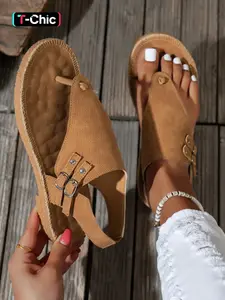 Vortread Women's Summer Boho Style Classic Flat Sandals | PU Leather Comfortable Toe-Post Slingback Shoes with Double Buckle | Breathable Vintage Beach Slides | Casual Outdoor Lightweight Non-Slip Rubber Sandals