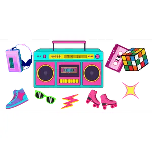 Retro 80s & 90s Nostalgia UV DTF Decal Sheet | Boombox, Cassette Tape, Roller Skates & Retro Accessories