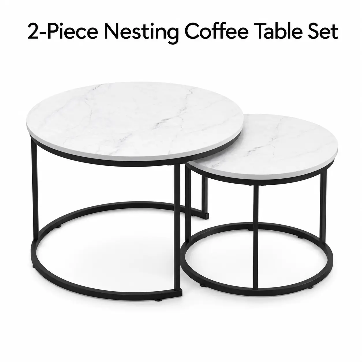 2-Piece Round Nesting Coffee Table Set, White Marble-Look Tabletops with Black Metal Frames, Space-Saving Modern Accent Tables