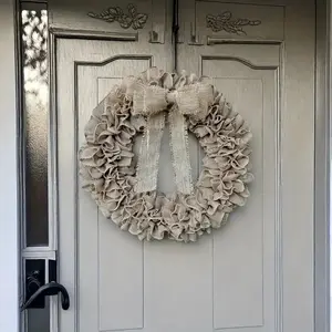 Rustic Burlap Wreath with Large Bow, Neutral Color, All-Season Farmhouse Decor, Housewarming Gift, Front Door or Wall Decoration, Rustic Farmhouse Design, Bowknot Decor