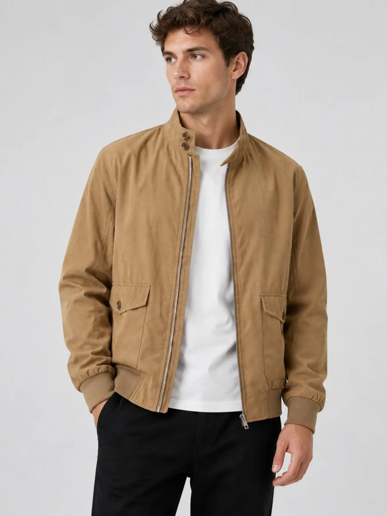 Men’s Vintage Stand-Collar Polyester Aviator Jacket - Minimalist Plain Hangable Harlinton Outerwear with Buttons, Zipper Closure, Pockets, Suitable for Business & Everyday Wear, Polyester Clothes