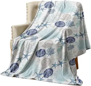 Coastal Ocean - Soft Flannel Throw Blanket with Starfish & Seashell Design, Cozy & Warm, Ideal for Sofa, Bed, Living Room, Home Decor, Perfect Gift, 60x50 Inches