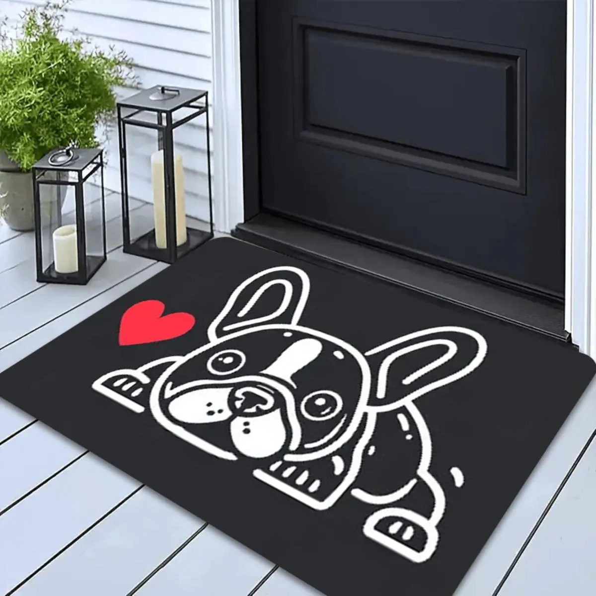 French Bulldog Doormat - Cute Pet-Themed Non-Slip Entry Mat with Red Heart Accent, Machine Washable Bedroom, Or Study Decor Fast Drying Anti-Slip Soft Carpet For Bathroom Shower Laundry Room Kitchen All Season Home Decor Bathr Soft Flannel Bath Mat