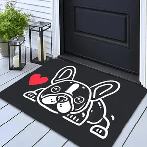 French Bulldog Doormat - Cute Pet-Themed Non-Slip Entry Mat with Red Heart Accent, Machine Washable 100% Polyester Indoor/Outdoor Mat for Dog Lovers, Modern Home Decor (Black/White/Red), Dog Mat, Playful Design, Durable Entrance Mat Bath Laundry Room