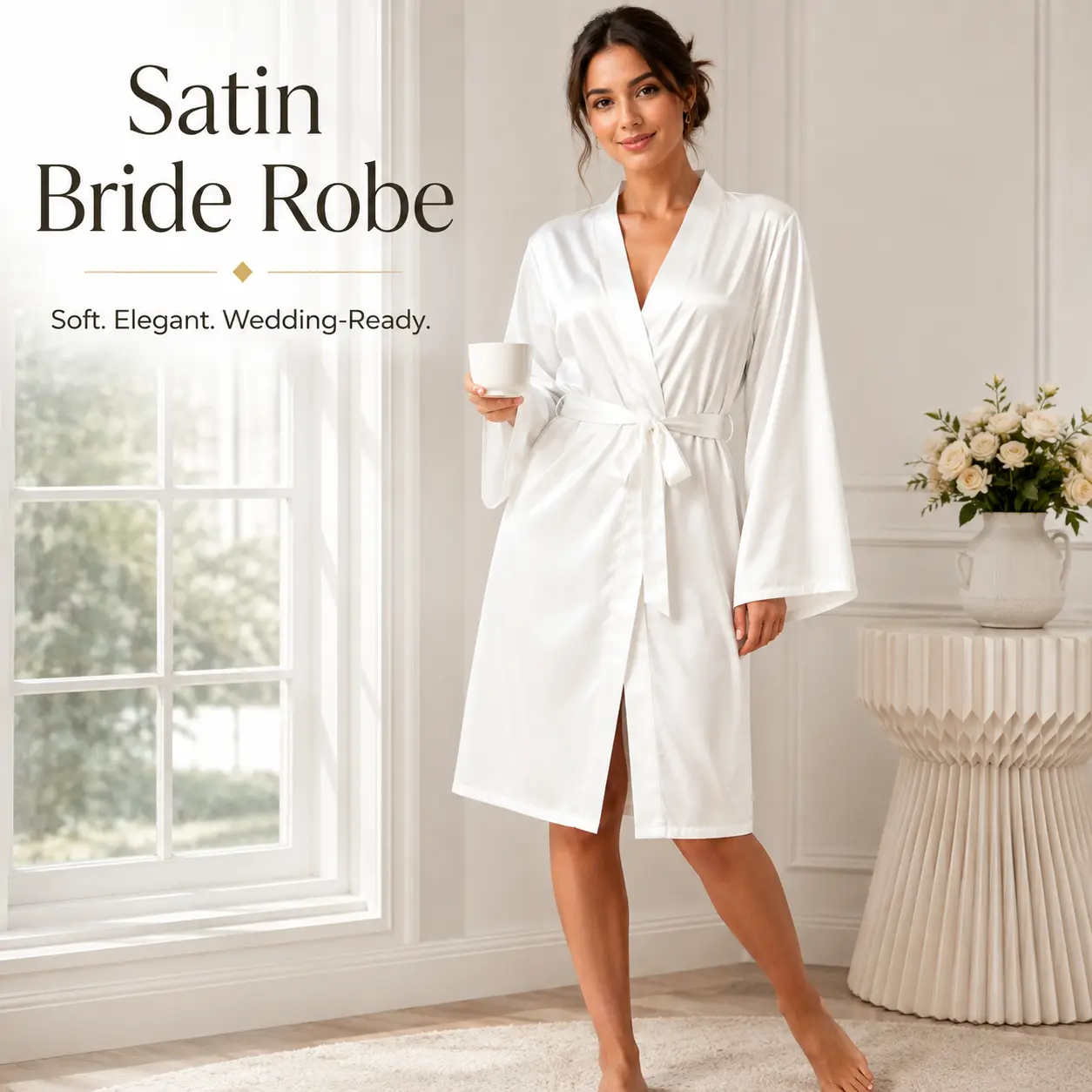 Women's Satin Bride Robe, Long Sleeve Belted V-Neck Bridal Sleepwear Adjustable Elegant