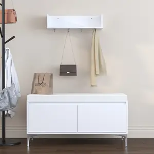 White Rectangle Wall Mounted Entryway Bench Set 39.37*15.75*19.49in Modern Minimalist Padded Seat Cushion 4 Metal Hooks Double Door Closed Storage Cabinet Secure Wall Mount Hallway Shoe Organizer for Home Bedroom Mudroom