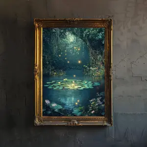 Enchanted Forest Wall Art – Secret Fairy Pond Poster, Vintage Nature Illustration, Rustic Woodland Decor, Dark Academia Cottagecore Aesthetic, 5 Size, 8x12 to 27x40 inch, Room Decor, Unframed