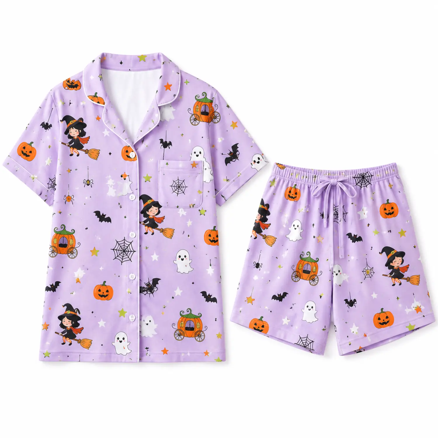 Lavender Halloween Print Button Front Pajama Set, Short Sleeve Sleepwear with Drawstring Shorts, Comfortable Two Piece Loungewear
