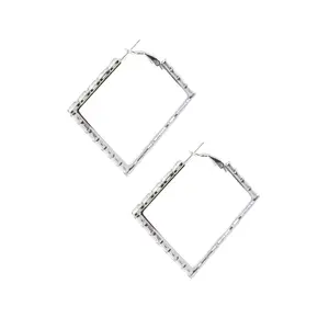 Large Silver and Crystal Square Hoops Earrings