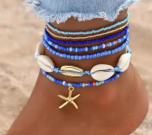7 Pcs Colorful Shell Bracelet Anklet Set for Women Boho Bead Stretch Adjustable Beach Seaside Starfish Conch Chain Summer Travel Jewelry Gift