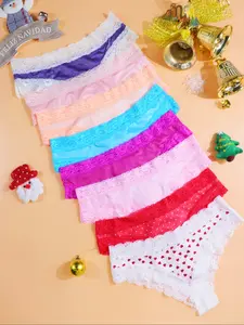 8Pcs Women's Lace Triangle Panties, Fitted Design, Moderate Fabric, All-Season Casual Style, Plain Pattern, Heart Pattern Brief, Comfortable & Stylish, Cute
