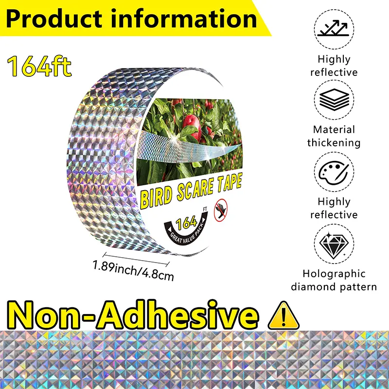 Holographic Bird-Deterrent Reflective Tape (164FT) - Wind-Activated, Easy to Install Farm & Outdoor Garden Accessory, Safe & Humane Solution for Crops, Fruit Trees, Eco-Friendly Home Improvement Tool
