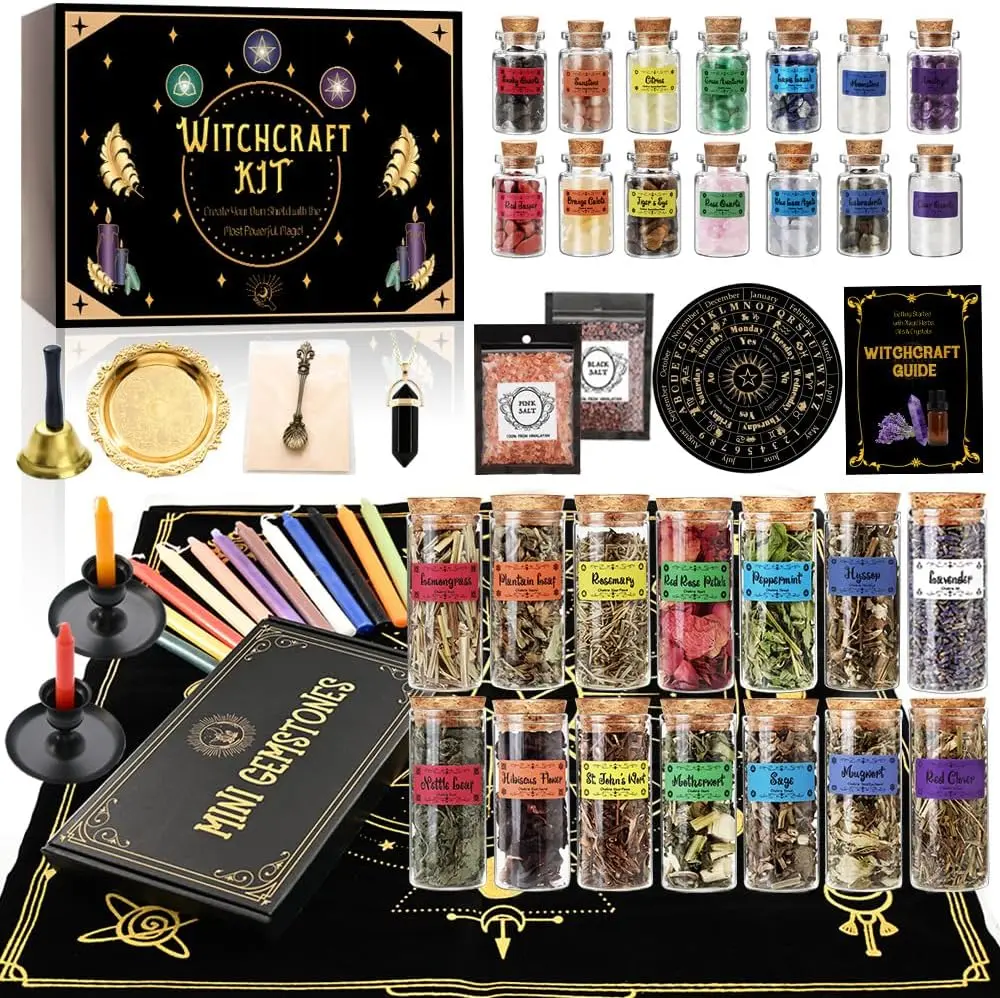 Cikuco 63PCS Wiccan Starter Kit - Wiccan Theme Spiritual Use Supplies with Witchy Items, Healing Crystals, Herb Jars, Spell Candles, Witch Spell Essentials & Fashion Accessory Keychain