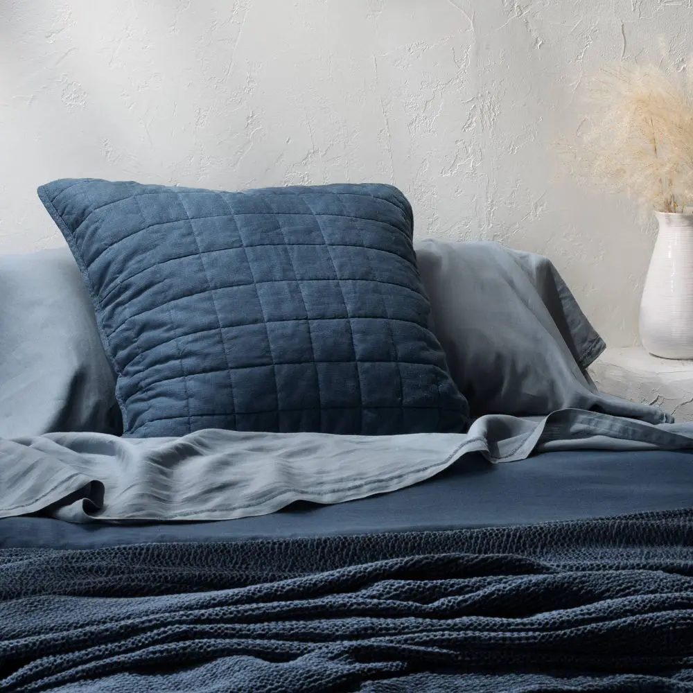 Casaluna Euro Heavyweight Linen Blend Quilt Sham, Dark Mineral Blue - Minimalist Bedroom Decor for Home Interior, Bedding