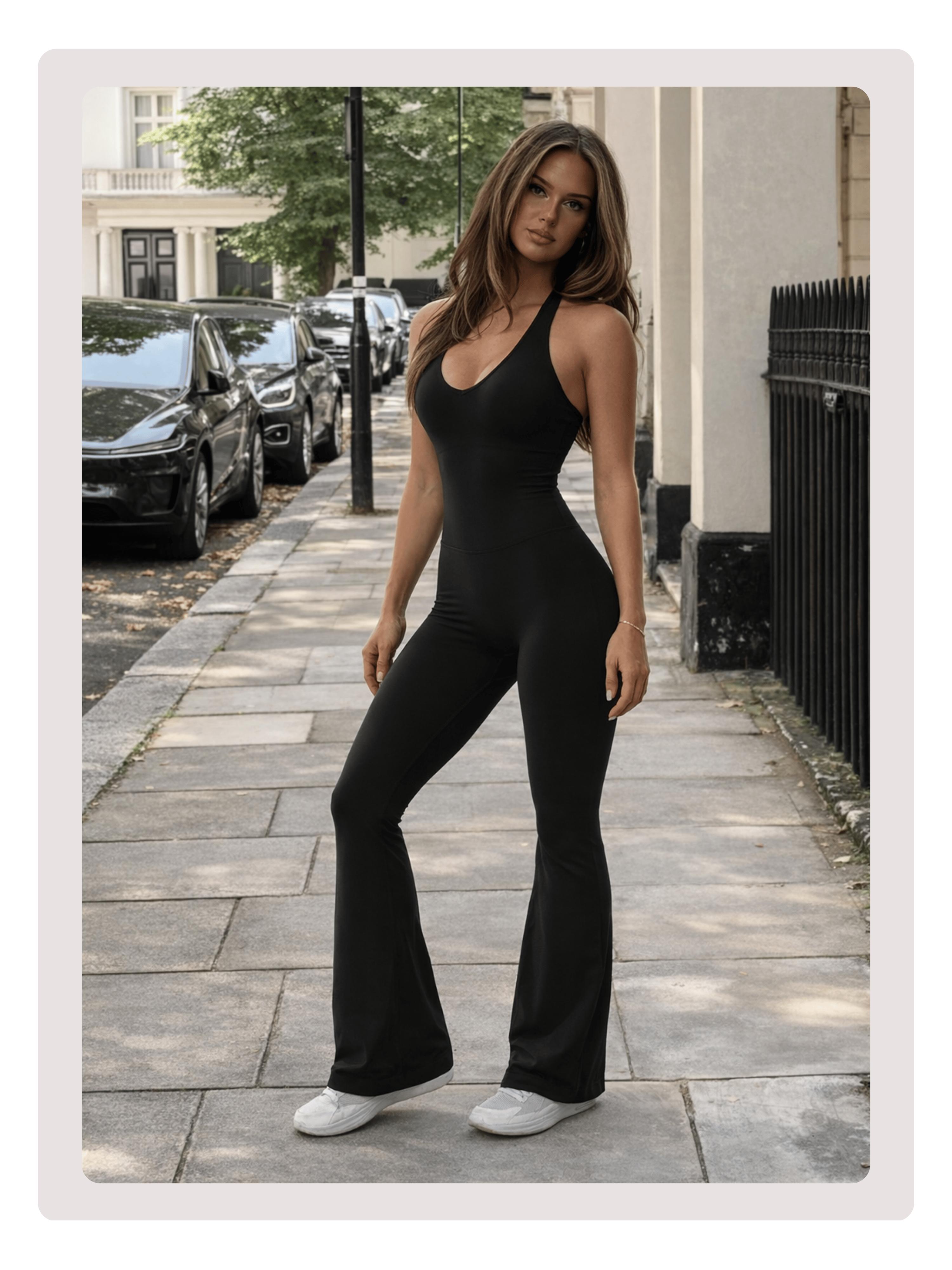 Coral Canton Backless Halter Top Sport Jumpsuit Bodycon Flared Legs