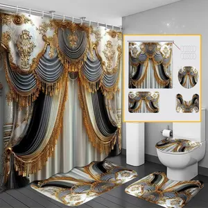 Luxury Palace Style Bathroom Accessories, 1 Set Including Shower Curtain & Floor Mat & Toilet Lid Mat & Toilet Foot Mat, Bathroom Decor Supplies, Shower Curtain Sets