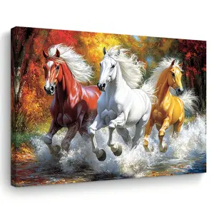 Room Decoration Modern Home Decor 1 Piece Equestrian Wall Art - Three Running Horses Wooden Frame Canvas Painting, Suitable for Living Room, Bedroom, Office Decoration, Unique Christmas Gift, Individual Party Occasion, Woven Fabric, 11.8inch x 15.7inch