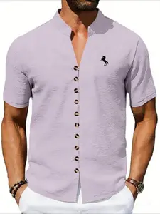 Men's Summer American-Style Loose Casual Ethnic Stand Collar Short-Sleeve Tang Suit Button Shirt