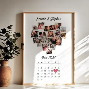Personalized Couple Heart Shape Photo Collage Print, Personalized Gift, Calendar Print, Living Room Wall Art