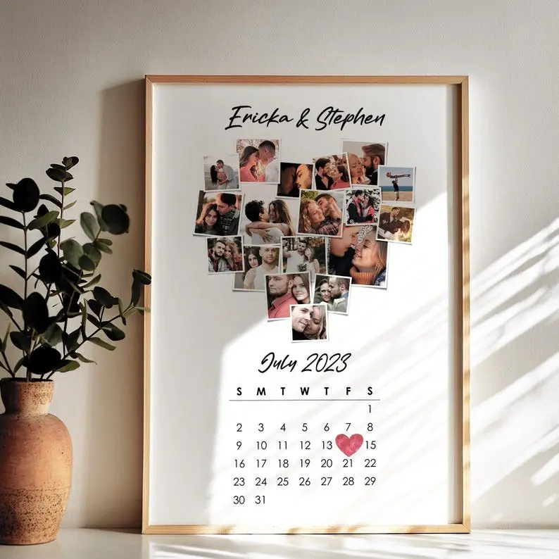 Personalized Couple Heart Shape Photo Collage Print, Personalized Gift, Calendar Print, Living Room Wall Art