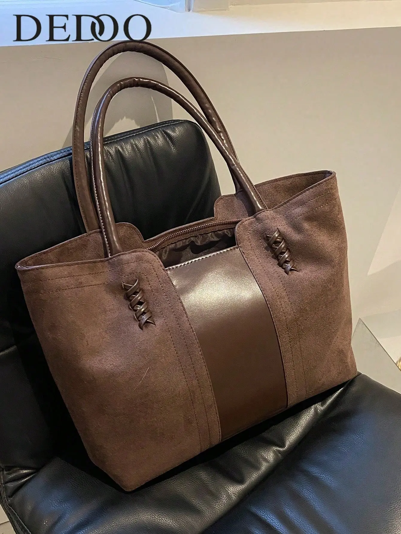 Women Large Brown Faux Suede Patchwork Tote Handbag, Retro Faux Leather Spliced Shoulder Bag with Lace‑Up Decor, Zipper Closure Big Capacity Purse for Work, Office, Travel, Daily Casual Use