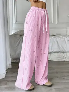 Women's Bow Casual Wide Leg Pants, Loose Straight Fit, All Seasons, Soft Knit Clothing, Sweet Street Dance Style, Drawstring Waist, Print