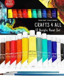 4 All Acrylic Paint Set - Art Paints for Canvas, Model Painting, Wood, Ceramics and Fabric - Craft Supplies with 3 Artist Brushes for Adults & Kids﻿, 12 Pack, 12mL