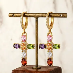 Colorful Cross Earring for Women Religious Jesus Real 14K Gold Plated Hypoallergenic Jewelry Gift