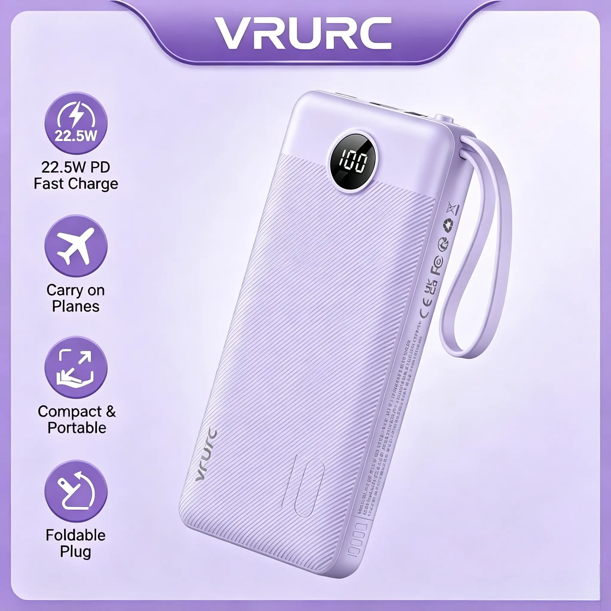 VRURC 10000mAh Rechargeable Power Bank with 4 Built-in Cables, LED Charging Display, Lavender Mobile Phone Accessory for iPhone, Samsung, Android – Travel Essential USB Charging Battery Power Bank
