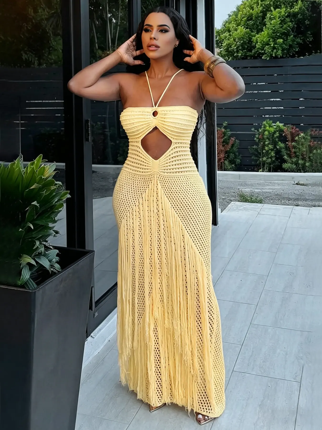 Women's Crochet Knit Maxi Dress with Fringe Sexy see through Halter Backless Boho Style Beach Party Vacation Summer Outfit Resort Wear - TikTok Shop Women's Crochet Knit Maxi Dress with Fringe Sexy see through Halter Backless Boho Style Beach Party Vacation Summer Outfit Resort Wear - TikTok Shop