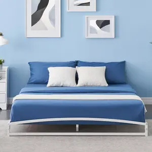 Modern 6-Inch Low Profile White Metal Queen Bed Frame, No-Box-Spring-Needed Mattress Foundation for Indoor Furniture Use
