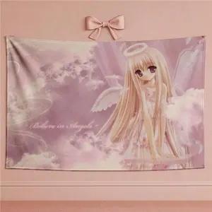 Kawaii pink angel anime tapestry wall hanging, cute pastel fairy girl room decor, soft aesthetic bedroom tapestry for teen girls, dreamy cloud angel wall art, polyester fabric dorm decor, Y2K coquette room decoration gift