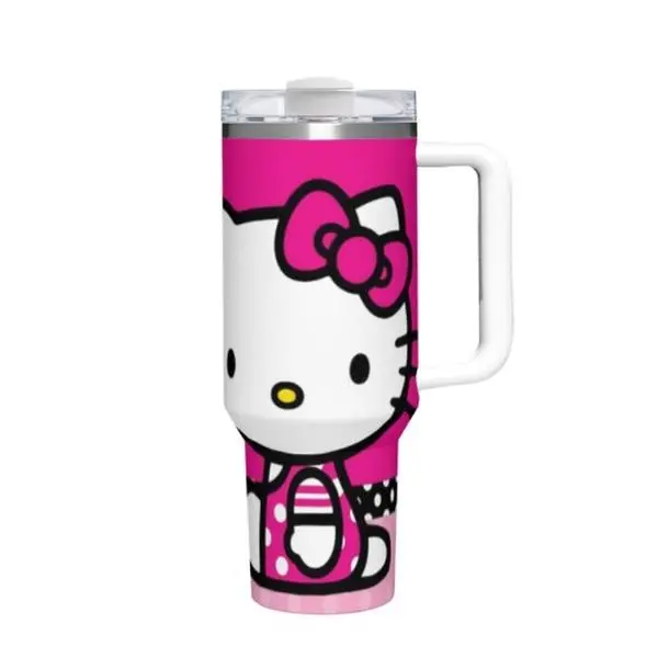 Sanrio Hello Kitty 40oz Large Capacity Handle Car Cup with Pink Bow Design and White Base for Hello Kitty Fans