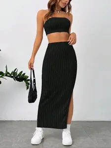 Two-Piece Set Women's Ribbed Polyester Summer Co-ord Set, Solid Strapless Backless Crop Tube Top & Split Thigh High Waist Long Skirt Set, Ladies Fashion Summer Clothes for Daily Wear
