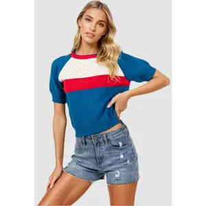 AMERICANA KNIT CROCHET SHORT SLEEVE CROP TOP