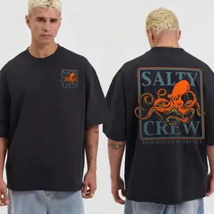 Menswear Salty Crew Men's Regular Fit Octopus Print Round Neck Graphic T-Shirt - Soft Apparel, Short-Sleeve Streetwear Casual Top, Tropical Breathable Fabric for Summer Daily Wear
