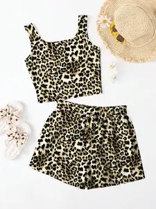 Tween Girl Summer Must-Have Fashionable Vintage Leopard Print Casual Vest and Shorts Set, Perfect for School and Beach Vacations Clothing