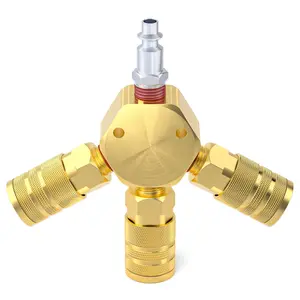 Taisher 3-Way 1/4 Inch NPT Hex Style Air Manifold with 3 Pieces Brass Industrial Coupler and Plug, Air Compressor Hose Accessories Quick Connect Fittings Air Splitter