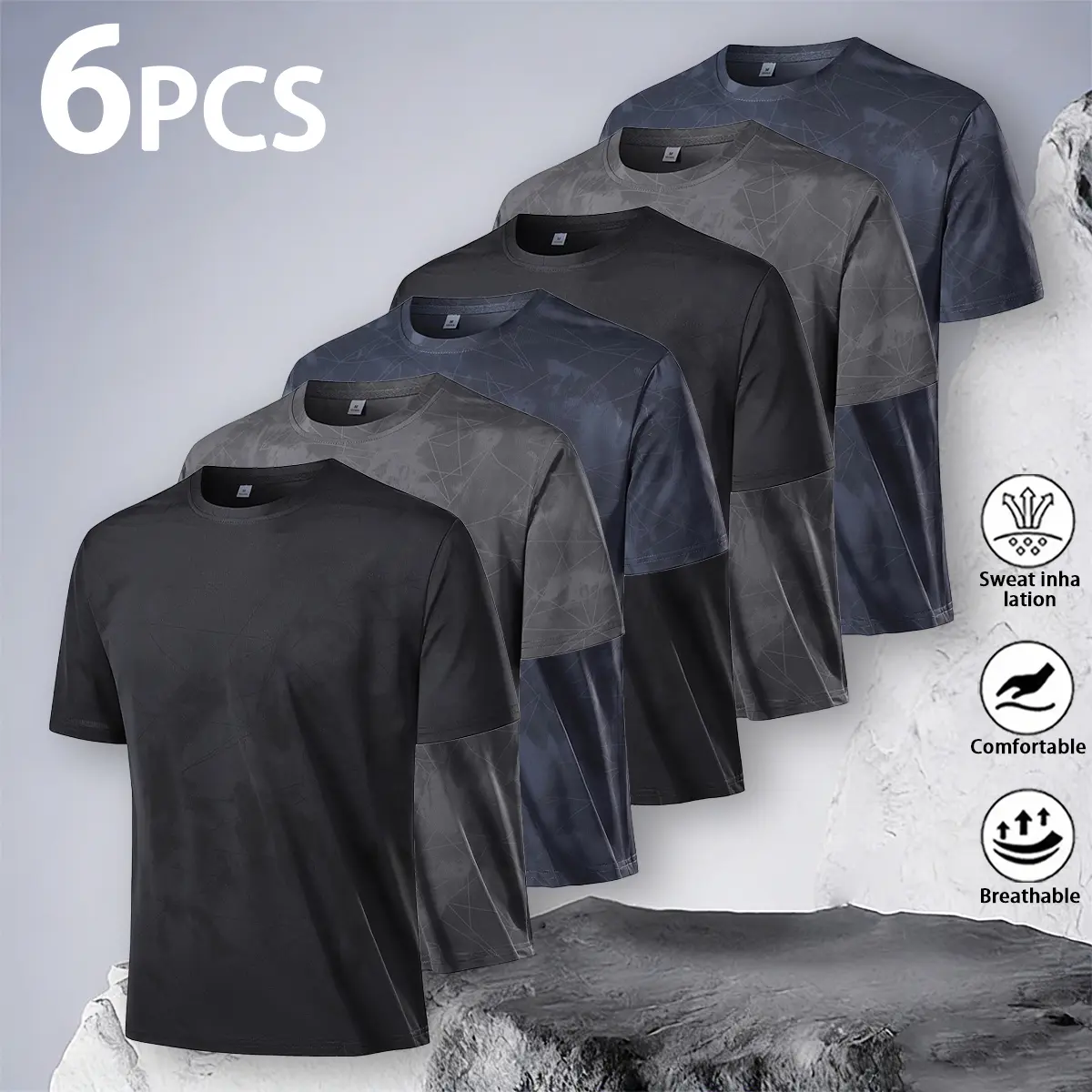 Men's 6-Pack Ice Silk Colorblock Quick-Dry Short-Sleeve Crew Neck T-Shirts, Breathable Moisture-Wicking Polyester Regular-Fit Plain Basics, Fitness Casual Wear for Gym & Summer