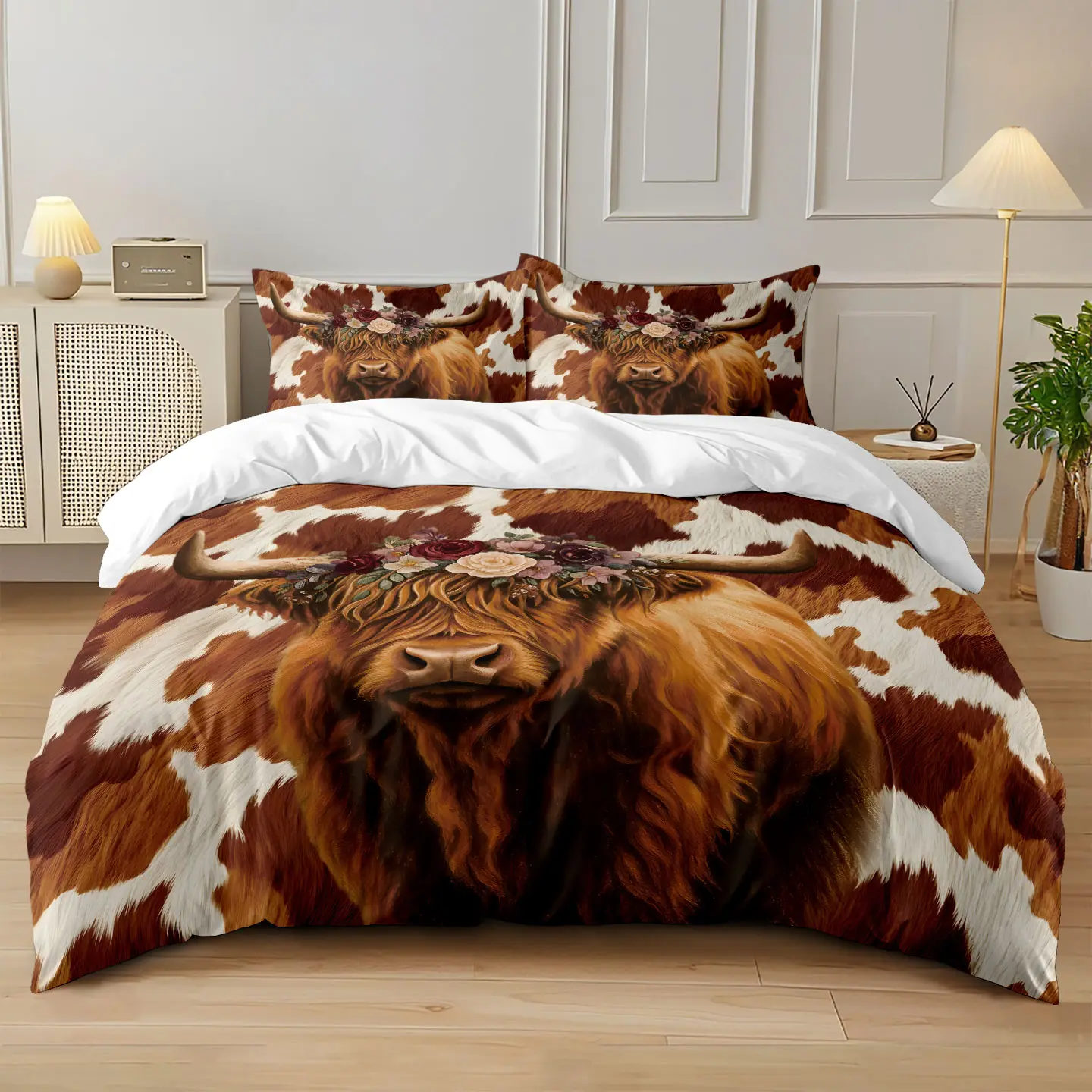 3-piece set (1 quilt cover + 2 pillowcases, coreless), brown Highland cow and floral print set, soft and comfortable Printed Bedding Set, room decor, Decorative bedding set, can be used in all seasons, Bedroom bedding set