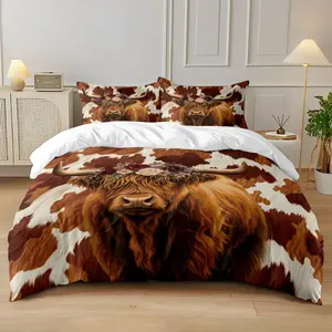 3-piece set (1 quilt cover + 2 pillowcases, coreless), brown Highland cow and floral print set, soft and comfortable bedding set, room decor, Decorative bedding set, can be used in all seasons, Bedroom bedding set