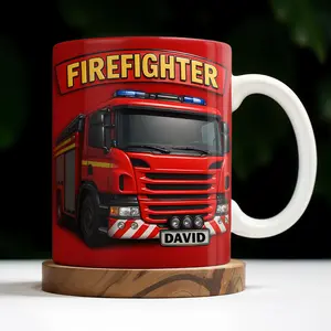 Personalized Firefighter Fire Truck Coffee Mug, Custom Name David Hero Gift, 3D Effect Red Fire Engine Cup, First Responder Appreciation Present