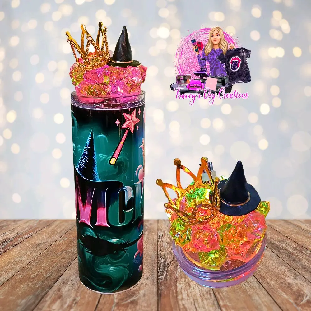 20 Oz Magic Pink And Green Witchy Hat And Crown Light Up Ice Tumbler With Removable Magnetic Lid