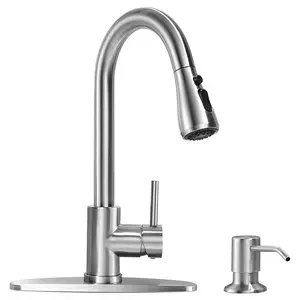 Kitchen Faucet with Soap Dispenser, Stainless Steel Kitchen Sink Faucet with Pull Down Sprayer 3 Mode Single Handle Gooseneck Pull Out Kitchen Faucet for 2/4 Hole, Brushed Nickel