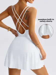 Women's Backless Criss Cross Sports Dress with Removable Pads, Mini Yoga Skirt, Fitted Above the Knee, Casual Tennis Dress, Athletic Tennis Dress, Workout Active Dress, All Seasons