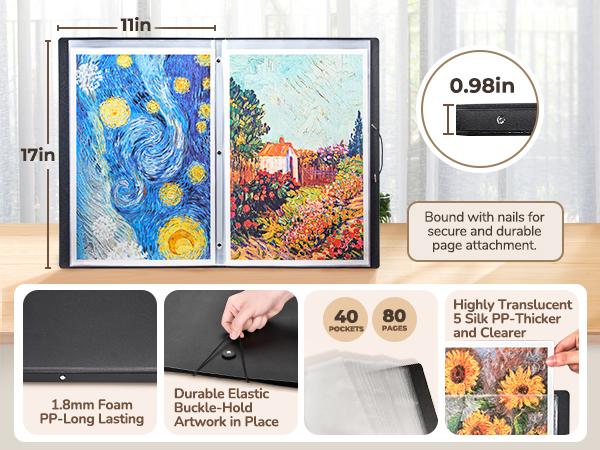 JoyCat Art Portfolio Binder 11"x17",40 Pockets Art Folder with Clear View Pages, 80 Sheets Presentation Binder for Artists and Students (Black)
