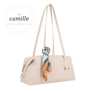 By Camille - Vegan Leather Baguette Shoulder Bag PETA Approved with Silk Scarf Detail Minimalist Style 13" x 4.3" x 5.8" Cruelty Free Fashion Accessory