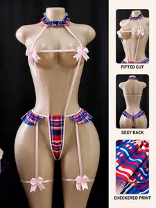 Women's Skin-Friendly Plaid Mesh Halter Jumpsuit, Bow Accent, Cute Romantic Design, Full Cut-Out Seductive Nightwear, Valentine's Day Surprise Gift