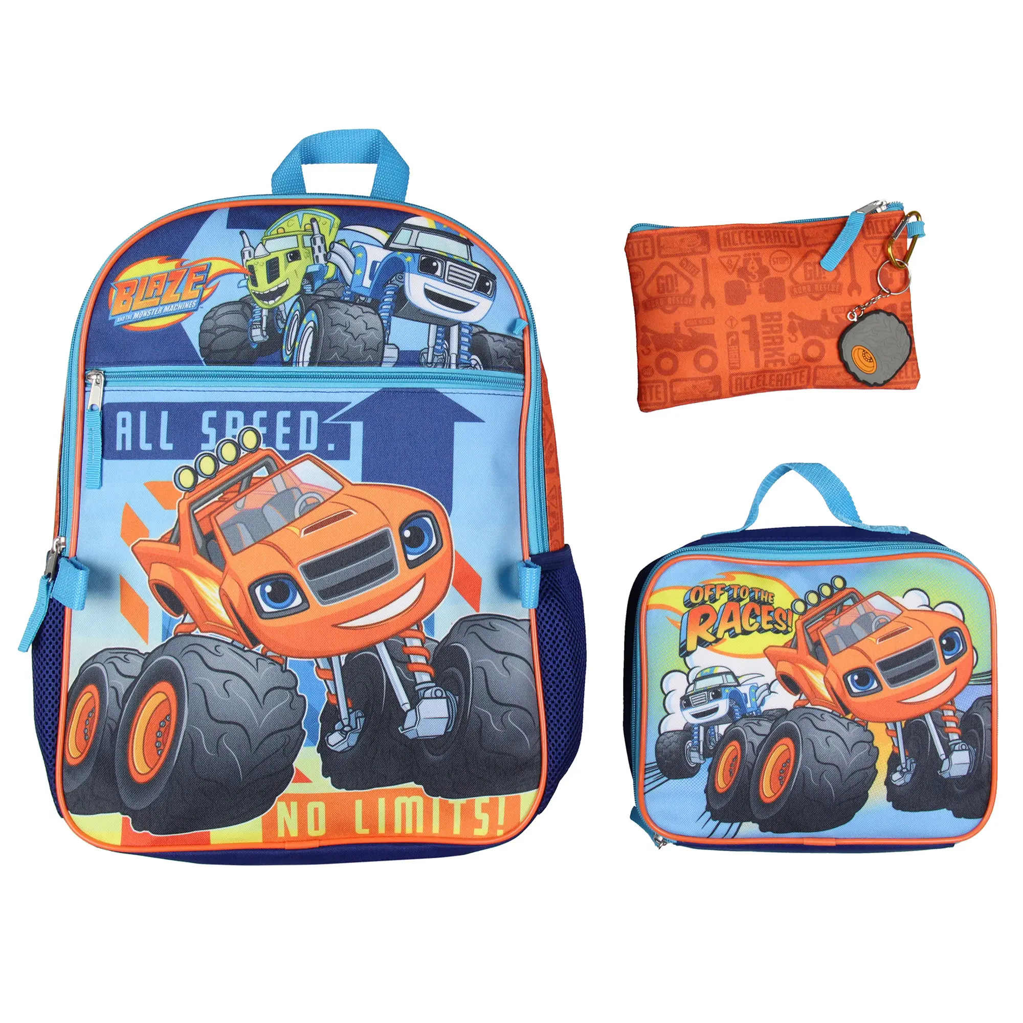 Blaze and the Monster Machines Backpack Set Lunch Box Pencil Case Key Chain Metal Carabiner 16"